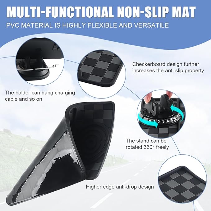 NHHEO Car Anti Slip Mat Dashboard Tray Decorations Sticky Pad Thicken Washable with 360° Rotating Universal Phone Pad Holder+Number Plate for GPS Aromatherapy Sunglasses Key(Black&Gray)