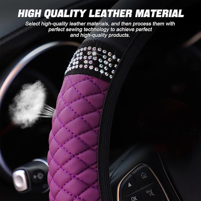 Bling Soft Leather Steering Wheel Cover, 15 Inch Colorful Rhinestones Auto Elastic Steering Wheel Protector, Sparkly Crystal Diamond for Women Girls, Car Accessories for Most Cars (Purple)