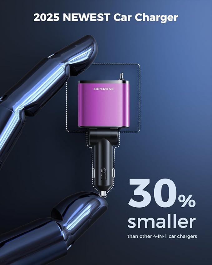 [2024 Upgraded] 4 in 1 Retractable Car Charger, SUPERONE Smaller Fast Car Phone Charger 69W with Cord, USB C and iPhone Car Charger Adapter, Compatible iPhone 17/17 Pro Max/16/15/14/13/12/11, Sumsung