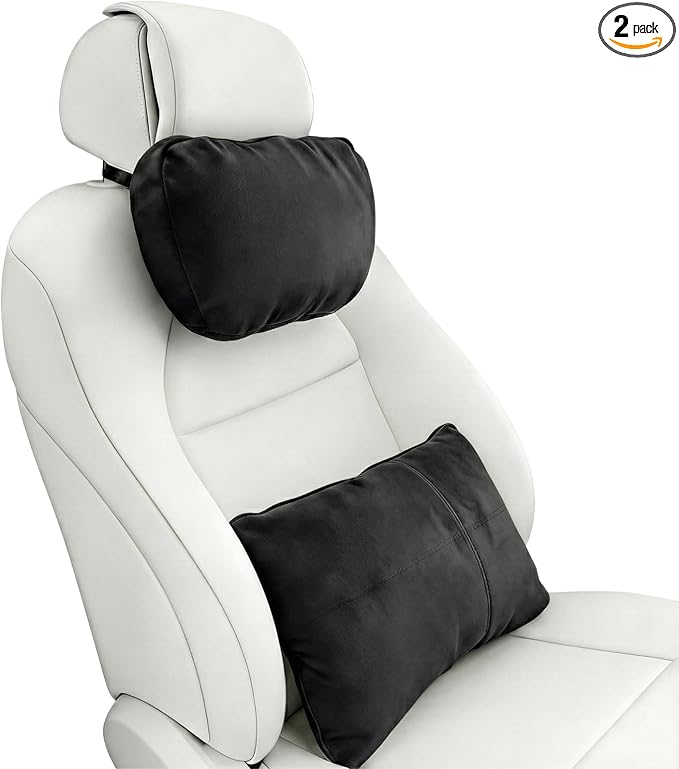 2PCS Car Pillow for Car Neck Pillow for Driving Seat Leather Neck Support Soft Cushion Back Support Head-Rests for Vehicle Sleeping with Elastic Adjustment Strap (Black, Head and Lumbar)