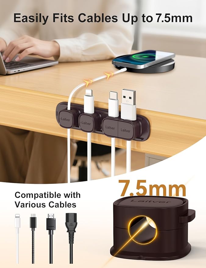 6 Pack Magnetic Cable Clips [1s Open/Lock], Laitver Cord Organizer Holder Strong Adhesive Desk Cable Management- Organize Charging Cords Neatly for Home, Office, Car,Desk, Nightstand-Bronze
