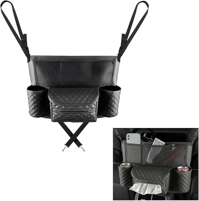 Car Purse Holder Between Seats, Luxury Leather Front Seat Back Handbag Organizer with Tissue Box Cup Holders, Auto Large Capacity Multi Pocket Purse Holder Hanging Storage Bag (Black)