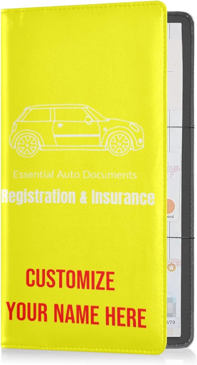 Custom Car Registration and Insurance Card Holder Personalized Leather Glove Box Organize Men Women Wallet Accessories Case for Cards, Essential Document Driver License Yellow