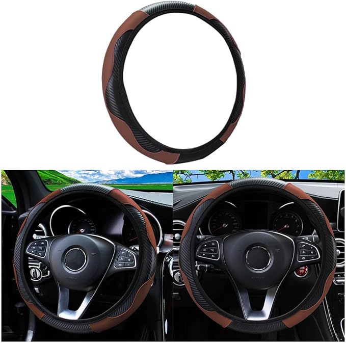 Car Steering Wheel Cover, Universal Microfiber PU Leather Elastic 15 inch Stitching Color Anti-Slip Steering Wheel Protector, Car Interior Accessories Steering Wheel Cover for Men Women (Coffee)