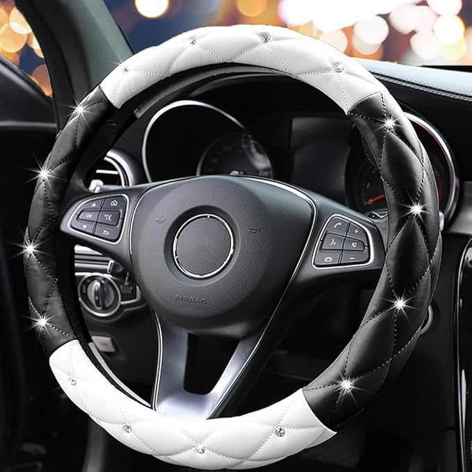 YOGURTCK Cute Diamond Soft Leather Anti-Slip Steering Wheel Cover with Bling Bling Crystal Rhinestones, Universal 15 Inch for Women Girls, Fit Vehicles, Sedans, SUVs, Vans, Trucks - Black and White
