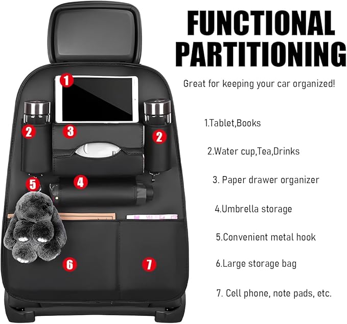 2PCS Car Seatback Organizer, Waterproof Leather Seat Back Storage with Cup Holder Tissue Holder Multiple Pockets, Back Seat Protector Kick Mats for Kids, Travel Accessories (Black)