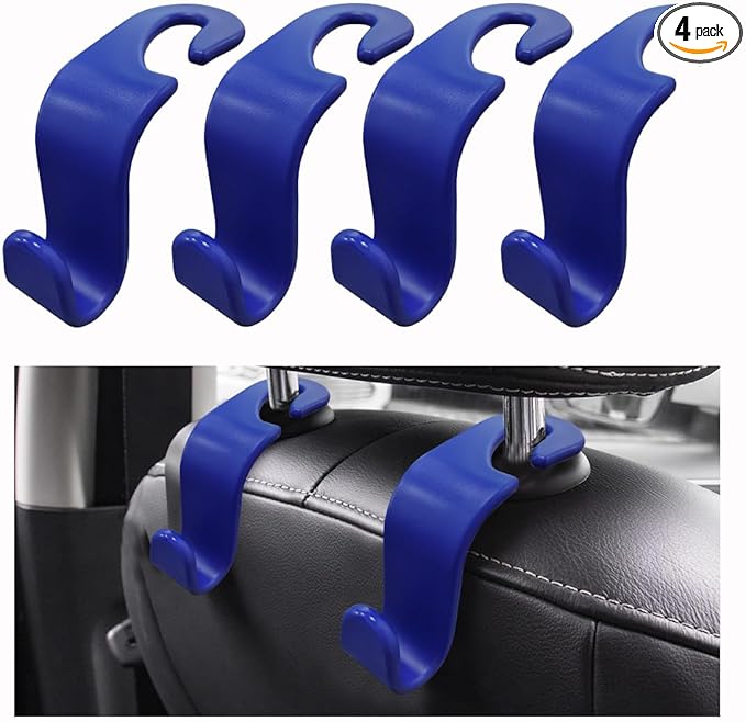 Ziciner Car Seat Headrest Hooks, 4 Pack Auto Durable Backseat Hangers Storage Organizer, Universal Vehicle Interior Holder Accessories for Purse, Grocery Bags, Handbag, Cloths ect (Blue)