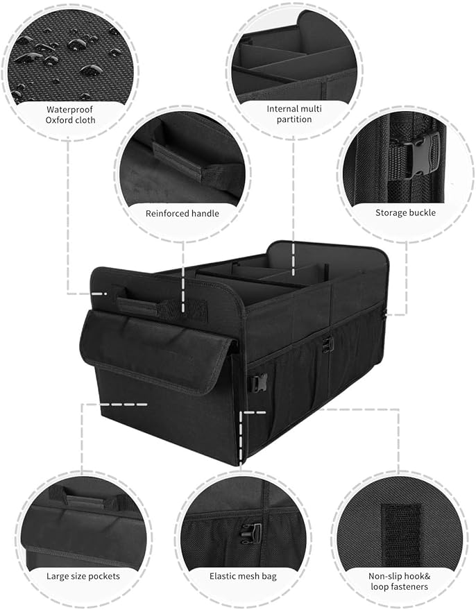 Car Trunk Organizer for SUV, 72L Large Capacity Collapsible Trunk Organizer, Car Organizers and Storage with 4 Pockets, Accessories for Women/Men, Black