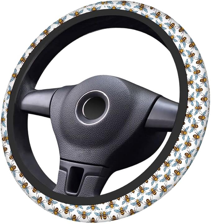 Swono Bee Cute Steering Wheel Cover Universal 15 Inch Cartoon Bees Black and Yellow Neoprene Car Steering Wheel Covers Stretchy Car Accessories for Women