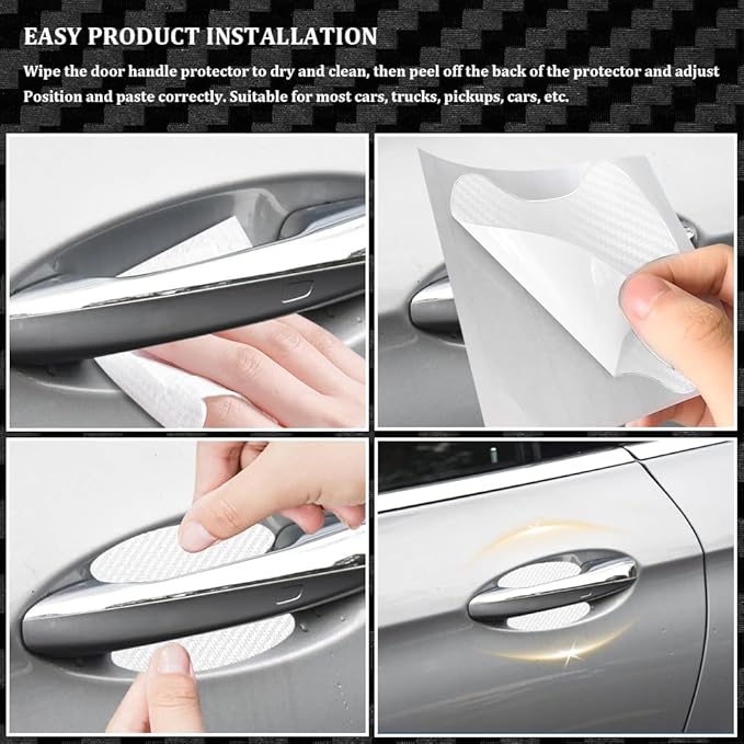 4PCS Car Door Handle Cup Scratch Protectors, Carbon Fiber Anti-Scratches, Universal Fit, White, Carbon Fiber Finish