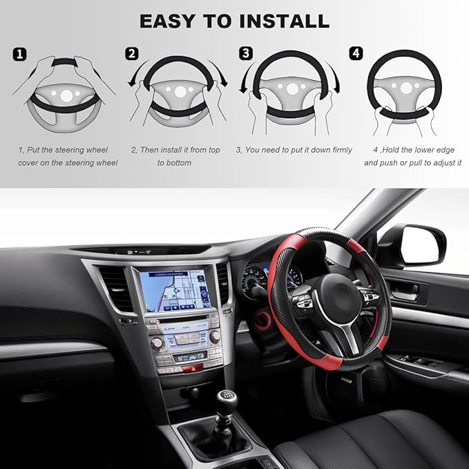 Car Steering Wheel Cover, 15 Inch Carbon Fiber Elastic Vehicle Steering Wheel Protector, Breathable Leather Auto Wheel Covers for Women Men, Interior Car Accessories (Black & Red)