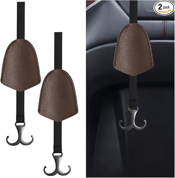 2PCS Car Seat Hooks for Headrest, Leather Car Seat Back Storage Hanger with Double Hooks, Universal Hidden Auto Organization Accessories for Purses, Bags, Umbrellas, Handbags (Coffee)