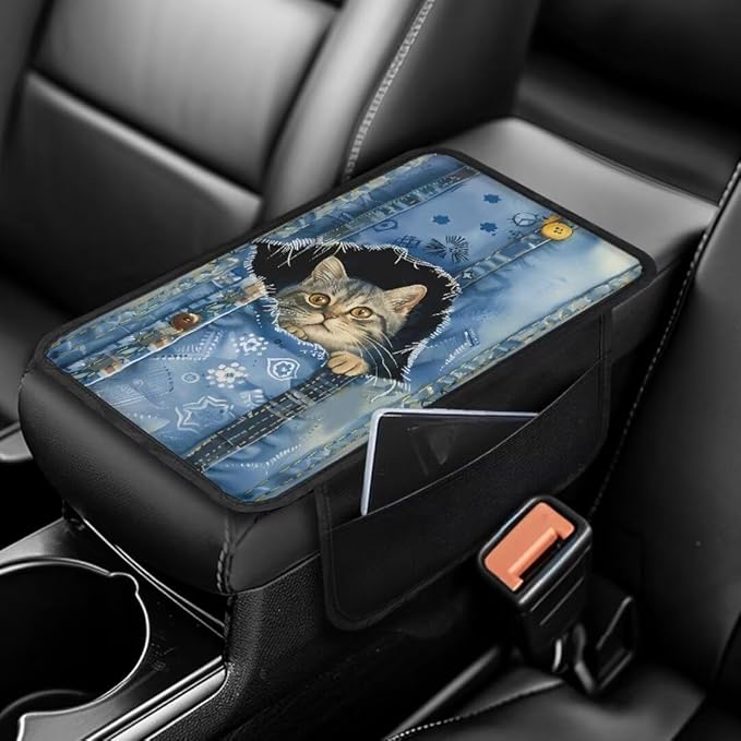 Boatee Cat Console Cover for Car Arm Rest Cover Center Console Cushion for Car Armrest Mat for Car Accessories Auto Console Organizer Armrest Storage Box Pad Middle Console Cover Blue