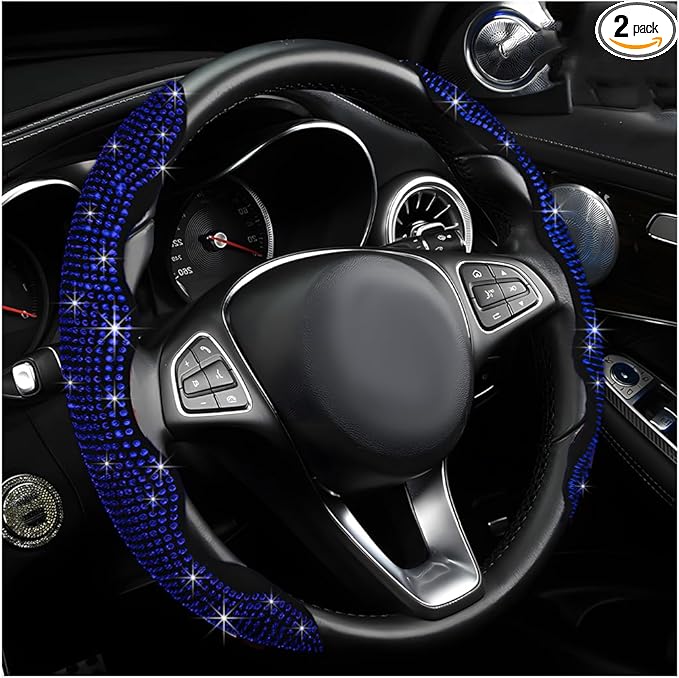 2 PCS Steering Wheel Cover, Segmented Car Wheel Covers with Crystal Rhinestones, Non-Slip Protector Bling Sparkly Decoration for Most Steering Wheels, Car Accessories (Blue)