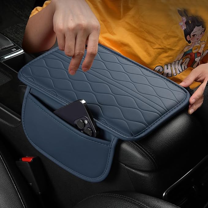 Car Center Console Cover, Leather Vehicle Armrest Seat Box Pad Cushion with 2 Storage Bags, Automotive Interior Arm Rest Protector Accessories, Universal for SUV, Sedan, Truck (Blue)
