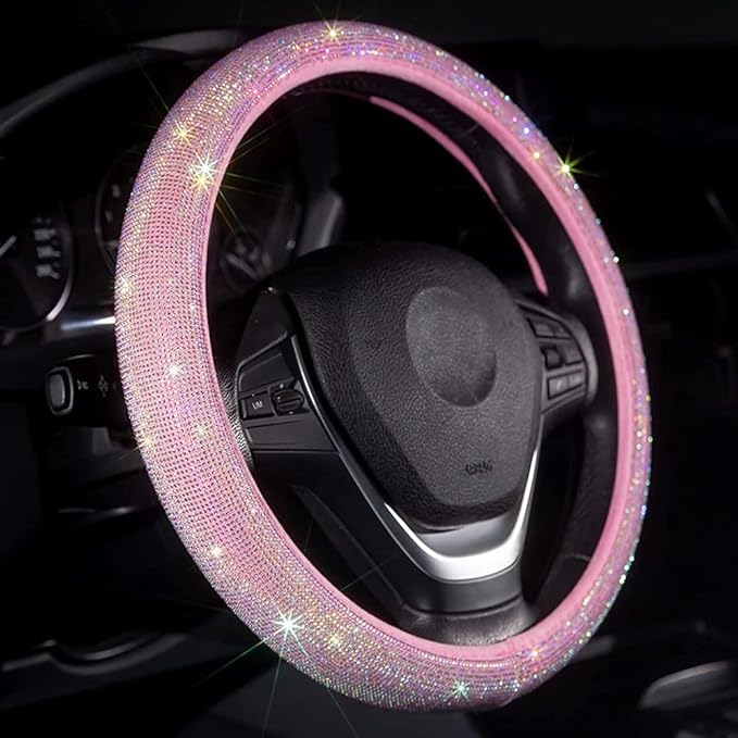 Car Steering Wheel Cover Pink for Women Girls Cute Bling Accessories 15 Inch Universal Colorful Crystal Rhinestone Diamond Rainbow Anti-Slip Wheel Protector