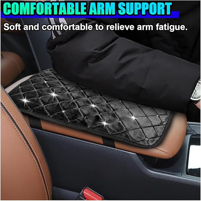 Bling Car Center Console Cover, Soft Comfortable Fluffy Car Armrest Cover, Crystal Rhinestone Seat Box Cushion Protector, Automotive Interior Decoration Accessories for Most Vehicles (Black)