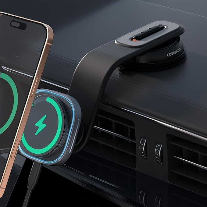 Coverado for 15W Magsafe Car Mount Charger, QI2 Wireless Car Charger Phone Holder fwith Adjustable Aluminum Alloy Arm, Magnetic Car Phone Holder Suction Cup for iPhone 17/16/15/14/13/12
