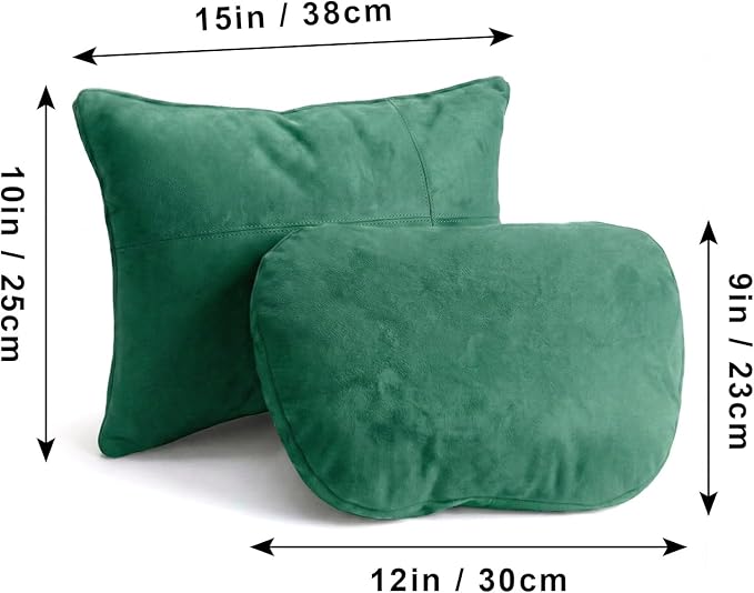 2PCS Car Pillow for Car Neck Pillow for Driving Seat Leather Neck Support Soft Cushion Back Support Head-Rests for Vehicle Sleeping with Elastic Adjustment Strap (Green, Head and Lumbar)
