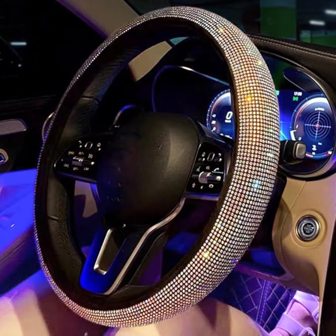 Car Bling Steering Wheel Cover for Women Girls 15 Inch Universal Colorful Crystal Rhinestone Diamond Rainbow Bling Accessories Anti Slip Wheel Protector Sparkling, Black