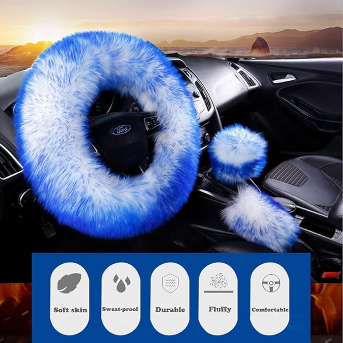 15inches Universal Leather Car Steering Wheel Cover Car Accessories Colorful Fuzzy Steering Wheel Cover Gear Shift Cover Handbrake Cover (red)