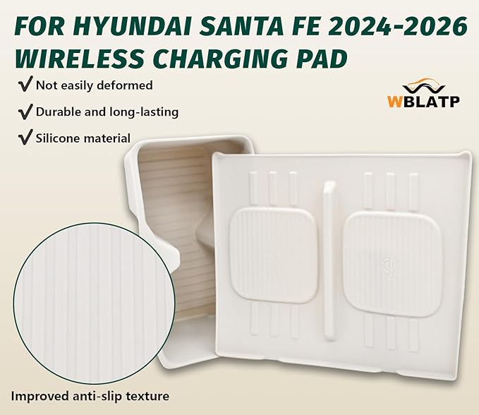 Cup Holder Insert & Wireless Charging Protective Mat for 2024 2025 2026 Hyundai Santa Fe White 2Pcs (Scratch & Scuff Free) (Easy to Clean) Center Console for Hyundai Santa Fe Accessories