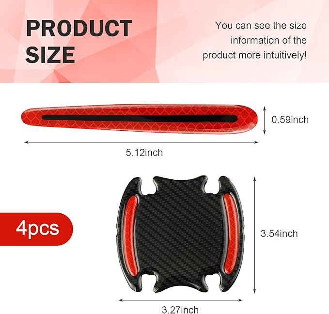 8PCS 3D Carbon Fiber Car Door Handle Protector Sticker, Universal Auto Door Handle Anti Scratch Cover Guard, Car Outdoor Safety Reflective Strips, Paint Guard Protective Films(Red)