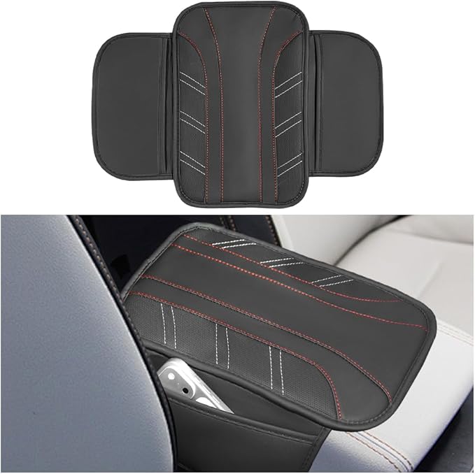 Car Center Console Cover, Soft Leather Sporty Armrest Protector Cushion with 2 Storage Pockets, Comfortable Auto Interior Middle Console Arm Rest Box Pad, Universal for Vehicles (Black)
