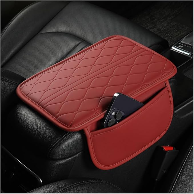 Car Center Console Cover, Leather Vehicle Armrest Seat Box Pad Cushion with 2 Storage Bags, Automotive Interior Arm Rest Protector Accessories, Universal for SUV, Sedan, Truck (Wine Red)