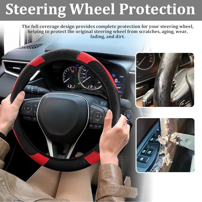 Car Steering Wheel Cover, Steering Wheel Protector, 15 inch Durable Leather Cover with Anti-Slip Lining, Universal Carbon Fiber Microfiber Leather Car Accessories for Most Cars (Black&Red)
