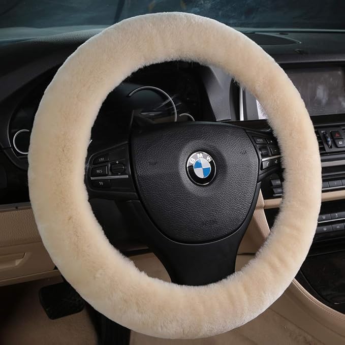 Soft Fluffy Warm Genuine Sheepskin Car Steering Wheel Cover, Fuzzy Fur Wool Protector for Winter Universal Car 14 1/2inch-15 1/2inch, Anti-Slip Comfortable Auto Accessories (Pearl)