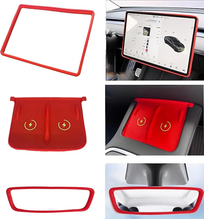3pcs 3 in 1 DIY Silicone Pad for Tesla，Center Console Wireless Charging Non Slip Silicone Pad + Screen Protector Frame + Rear View Mirror Cover Compatible with Tesla Model 3/Y 2021-2023