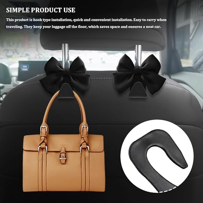 2PCS Car Seat Headrest Hooks, Purse Hook for Car, Bow Shaped Vehicle Backseat Storage Hooks, Universal Car Purse Holder Hook Car Accessories Compatible with Purse Coat (Black)