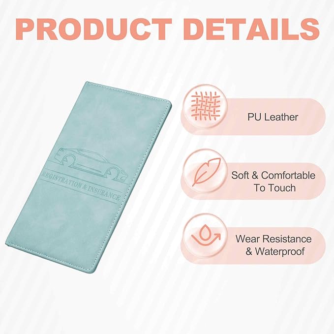 HARFINGTON Car Registration and Insurance Holder 9.65" x 4.92" PU Leather Vehicle Glove Box Organizer Storage Accessories Men Women Car ID Holder for License ID Card Bank Card, Sky Blue