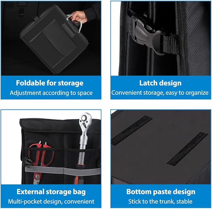 Car Trunk Organizer With Lid, 28L Collapsible Waterproof Oxford Fabric Trunk Organizer with Aluminum Handle, Portable 2-Compartment Cargo Storage Box for SUV, Truck, Sedan (Gray)