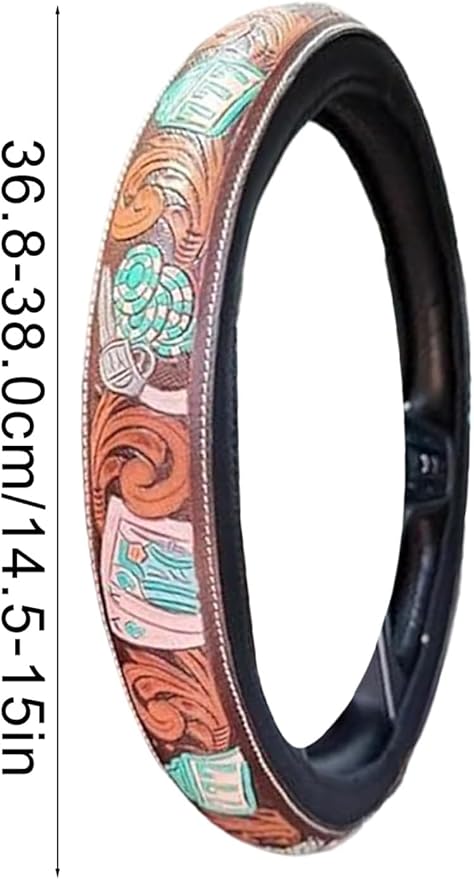 Western Steering Wheel Cover 14.5–15" – Retro Tooled Leather Pattern, Universal Anti-Slip Car Accessories for Trucks SUVs Cars, Boho Cowgirl/Cowboy Gift (A)