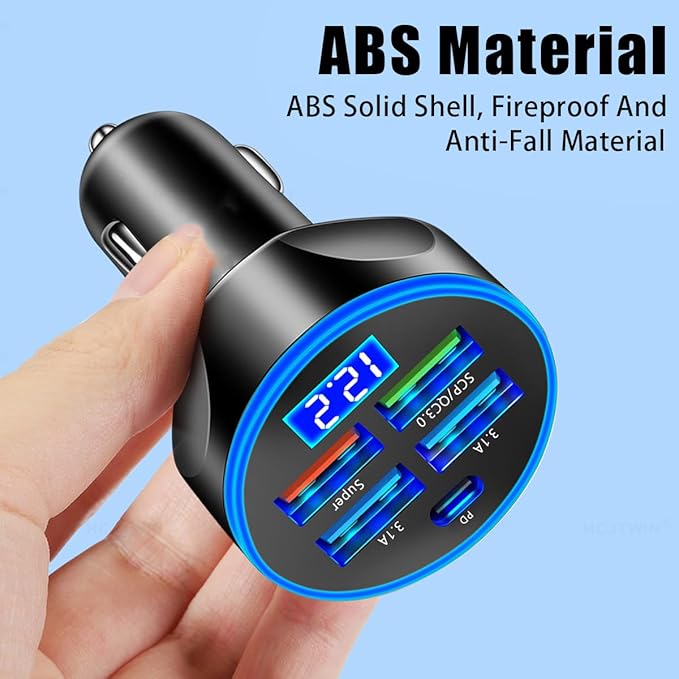 5 Port USB Car Charger, 250W Super Fast Charging Cigarette Lighter Adapter with LED Voltage Monitor, 4USB+Type C Multi Port Car Accessories Interior Compatible with Most Smart Phone (Black)