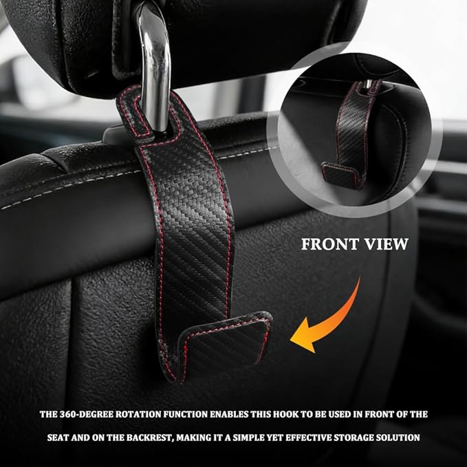 2PCS Purse Holder for Car, Purse Hook for Car, Leather Headrest Hooks for Automotive Back Seat, Auto Accessories Back Seat Organizer Hook for Grocery Bag Handbag Coat (Carbon Fiber, 2PCS)