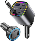 [2 Pack] Retractable Car Charger USB C 78W & 85.5W 4 in 1 Fast Car Charger, 4 Ports Cigarette Lighter Adapter with Retractable Cables, Compatible with iPhone 16/15/14/13/12/11, Galaxy, Pixel,