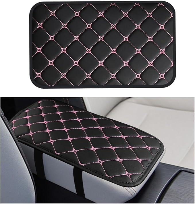 Car Center Console Cushion Pad, Comfortable PU Leather Vehicle Armrest Seat Box Cover, Waterproof Automotive Interior Arm Rest Protector Accessories, Universal Fit (Black/Pink)