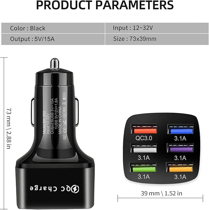 Amiss Car Charger Adapter, 6 USB Multi Port, Fast Charger, Include QC 3.0 and 5 Other Ports, Car Interior Accessories, Fit for iPhone 13/12/11/pro，Samsung Galaxy/Note S10/S9/S8 - Bright Black