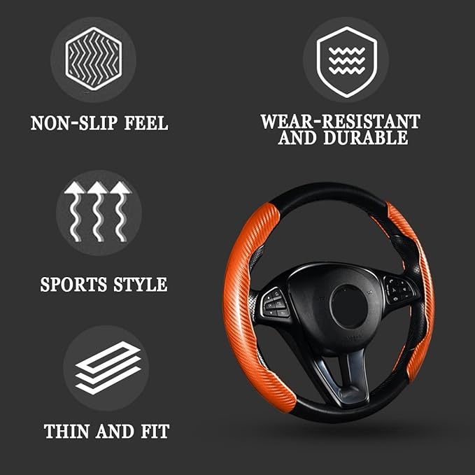 Car Steering Wheel Cover, 2PCS Segmented Steering Wheel Protector, Carbon Fiber Anti-Slip and Durable Car Accessory, Universal Fit for Most Cars (Carbon Fiber Orange)