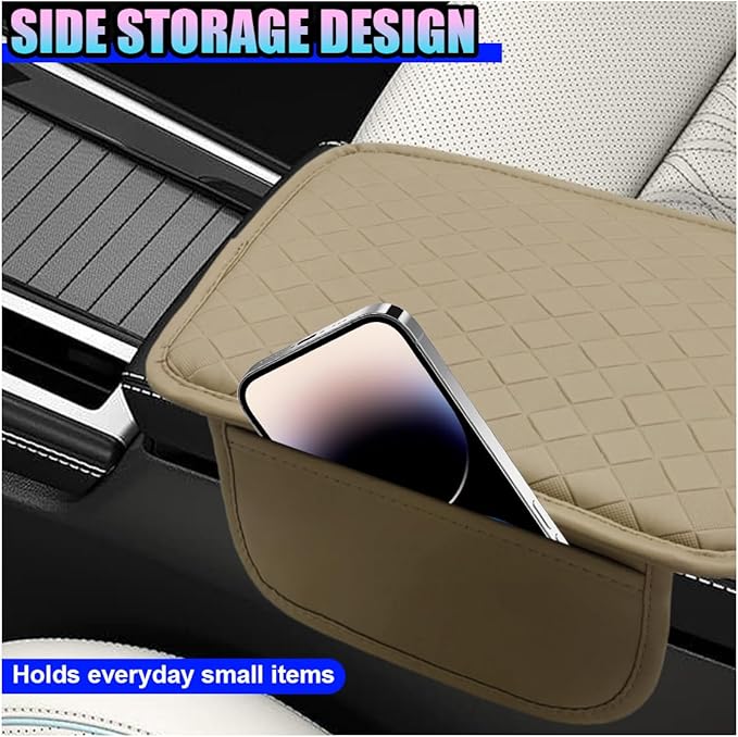 Leather Car Center Console Cover, Anti-Scratch Auto Middle Console Protective Cushion with 2 Storage Bags, Universal Waterproof Vehicle Armrest Pad Accessory for Sedan, SUV, Truck (Beige)