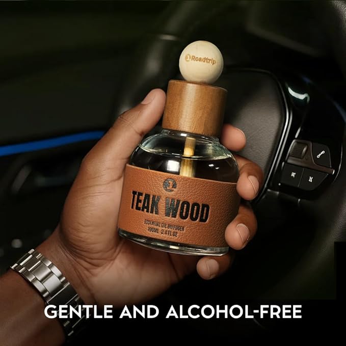 1Roadtrip Car Air Freshener - Long Lasting Essential Oil Diffuser - Aromatherapy Accessories for Men & Women - Non-Toxic Odor Eliminator - Teakwood Car Scent Diffuser 3.38 FL OZ/100ML