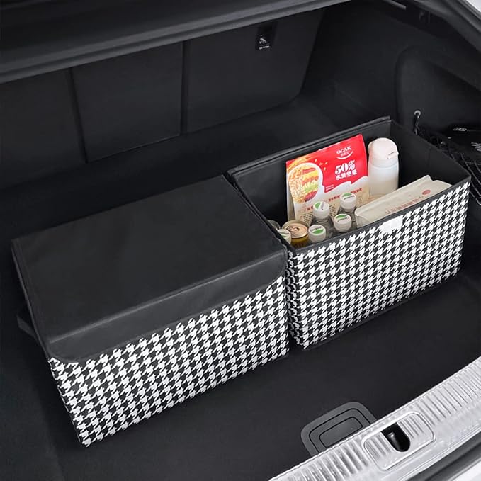 Car Cargo Trunk Storage Box with Lid, Houndstooth Pattern Large Capacity Collapsible Storage Organizer With Cover, Non-slip Bottom Carrying Handles, Fit All Cars (Black/White)