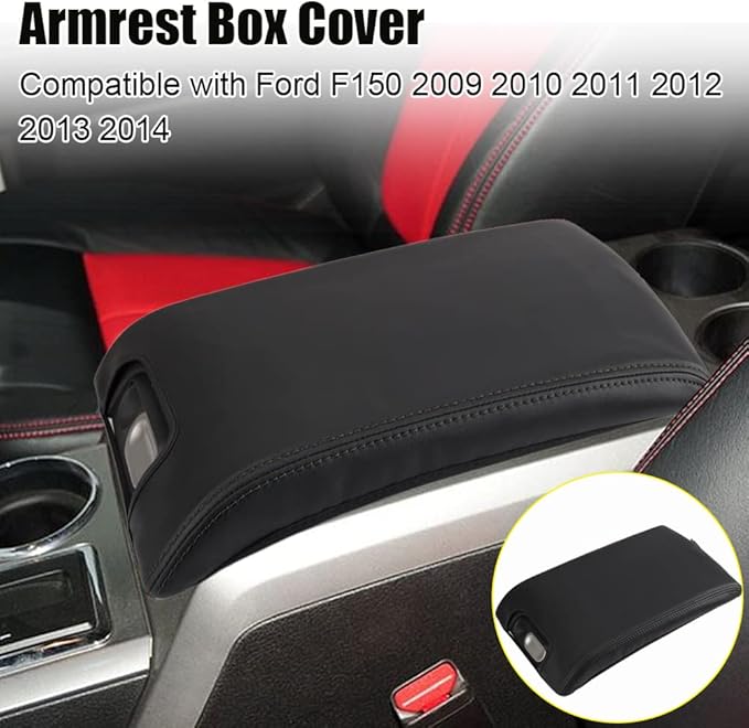 XITER 1PC Leather Center Console Armrest Box Cover Waterproof Cushion Pad for F150 2009-2014 Not Fit Jump Seat Console(Black Stitches)