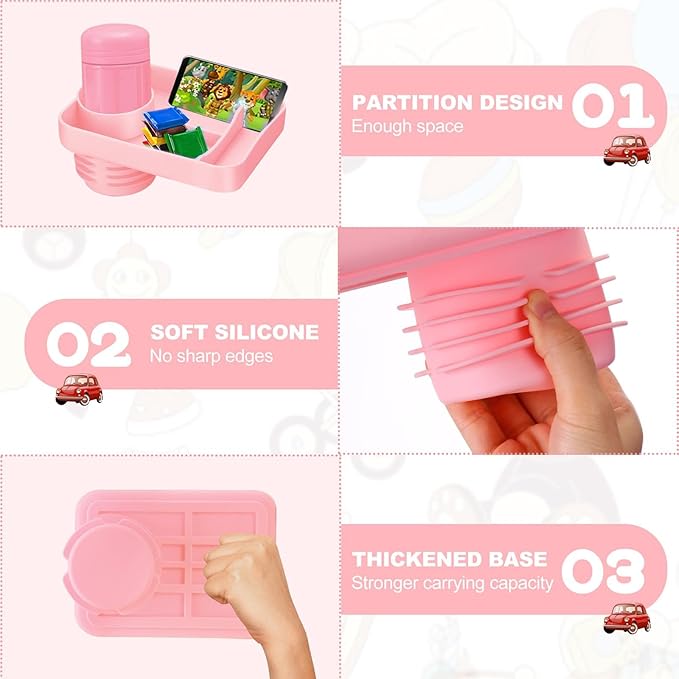 Car Seat Cup Holder Snack Tray - Silicone Food Trays for Travel with Expandable Soft Rubber Base Fits Most Cup Holders Portable Accessories Essentials for Small Fruit, Toys (Pink)