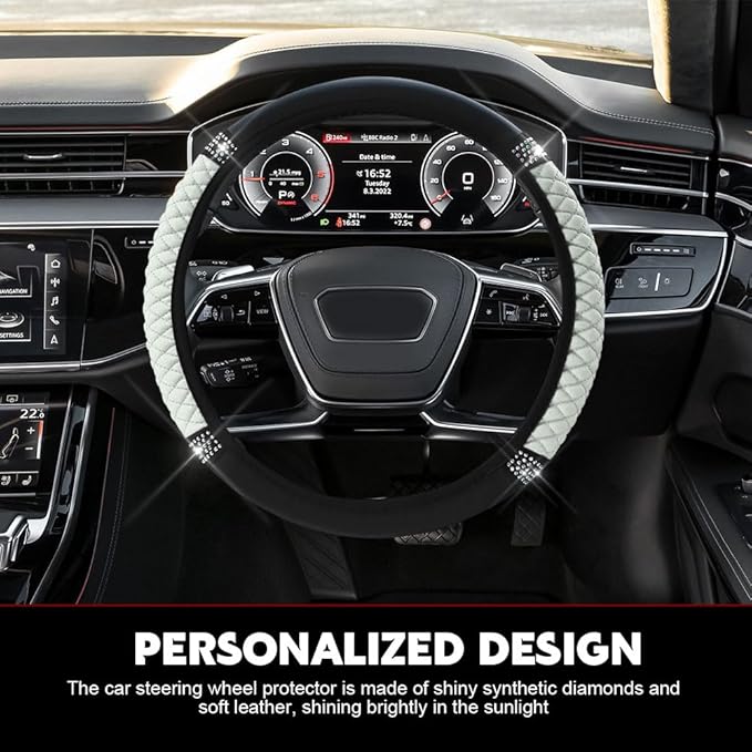 Car Steering Wheel Cover, Steering Wheel Accessories, Breathable Microfiber Leather Auto Wheels Protector, Universal 15 Inch Anti-Slip Protector for SUV Sedan Truck (Bling-White)