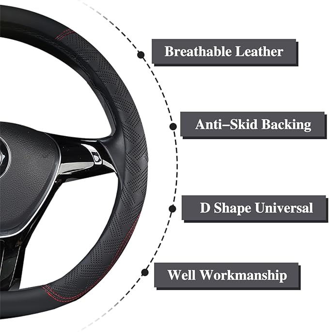 D Cut Steering Wheel Cover, Universal Microfiber Leather Breathable Flat Bottom Steering Wheel Cover Sports Style, 15 inch/ 38cm, Black