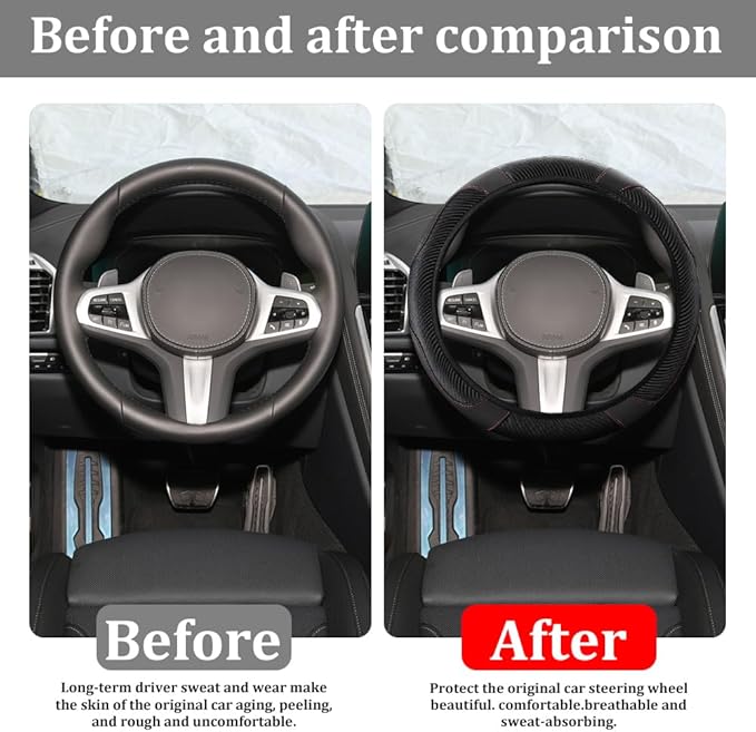 Car Steering Wheel Cover, Steering Wheel Protector, 15 inch Durable Leather Cover with Anti-Slip Lining, Universal Carbon Fiber Microfiber Leather Car Accessories for Most Cars (Black)